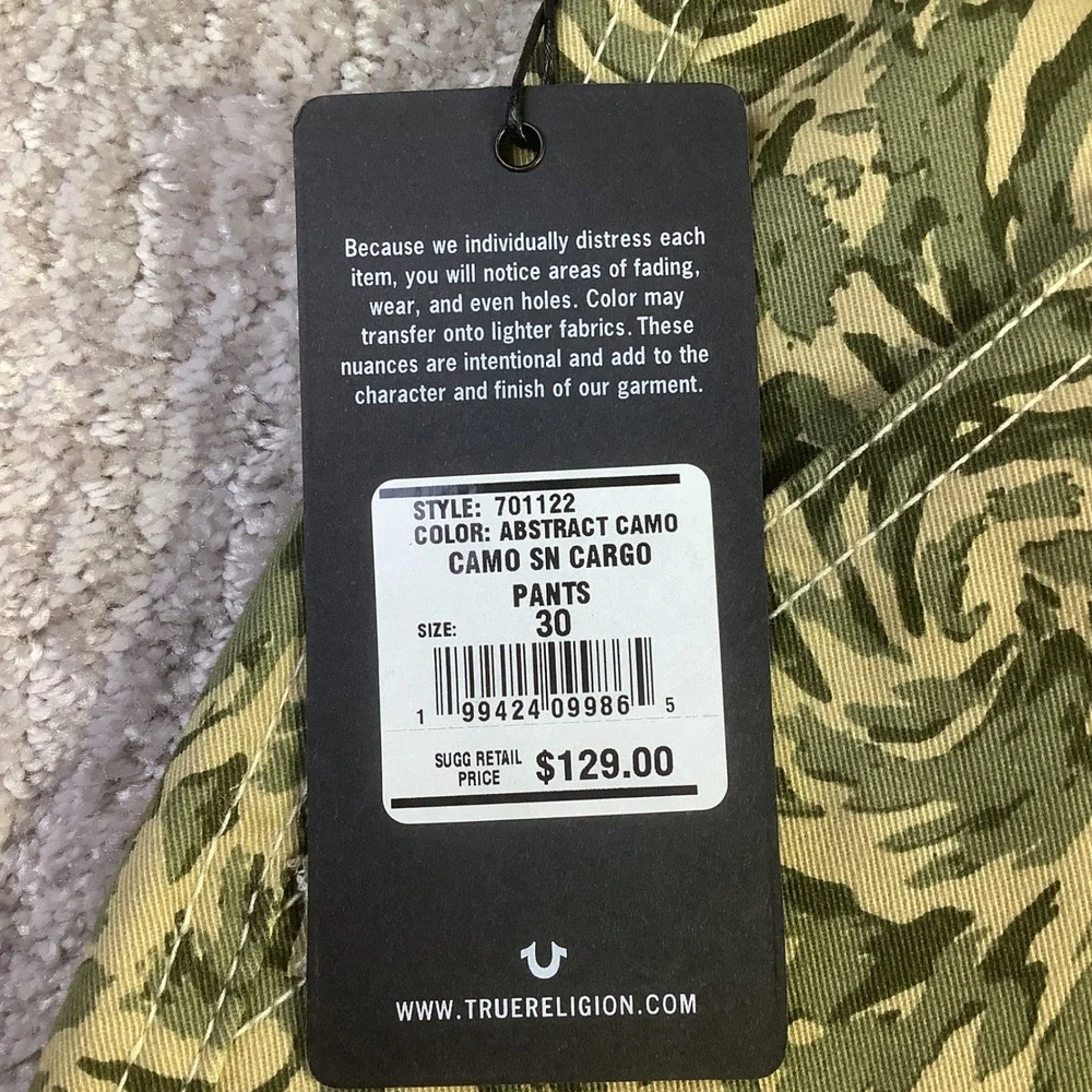 True Religion Mens Abstract Camo Cargo Pants Green Swirl Size 30 x 32 NWT